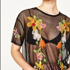 Sheer Black Tee with Colorful Embroidered Flowers